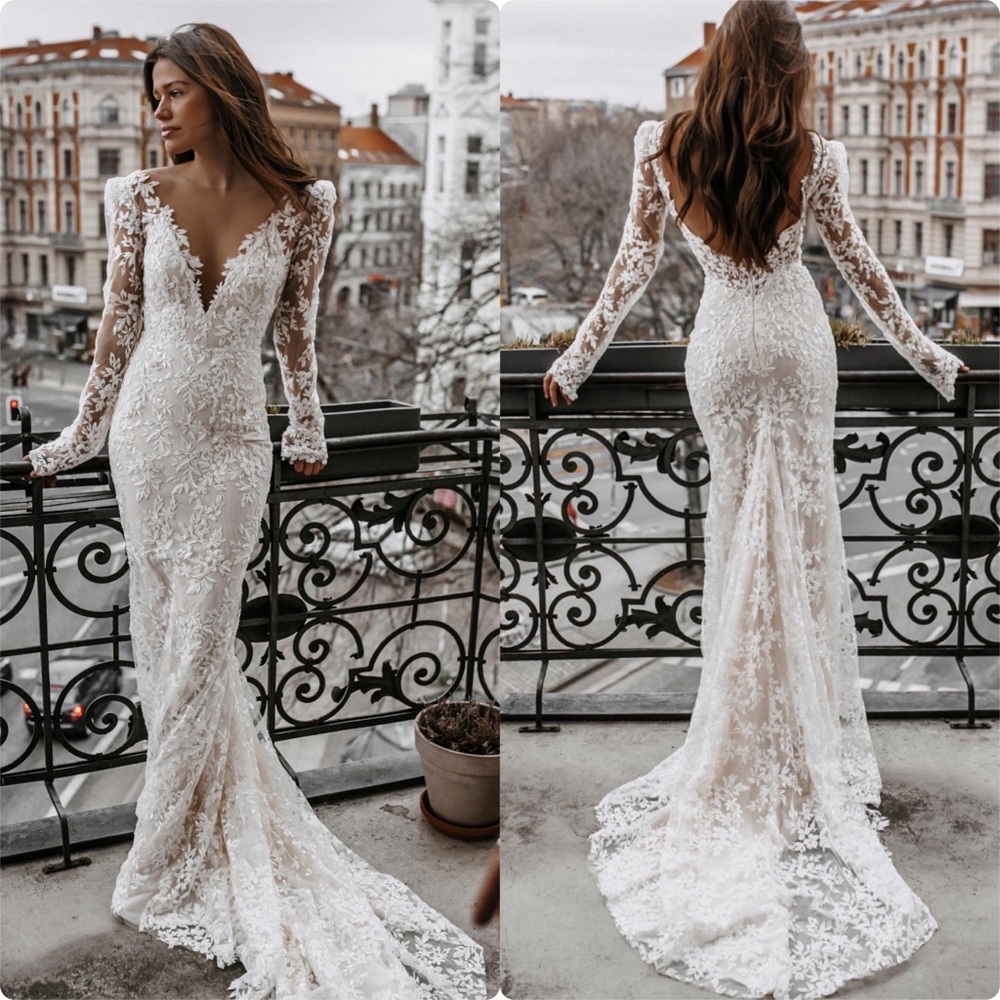 GALIA LAHAV Gala Bay Full Embroidered Beaded Lace Wedding Dress Plunging Neck z0